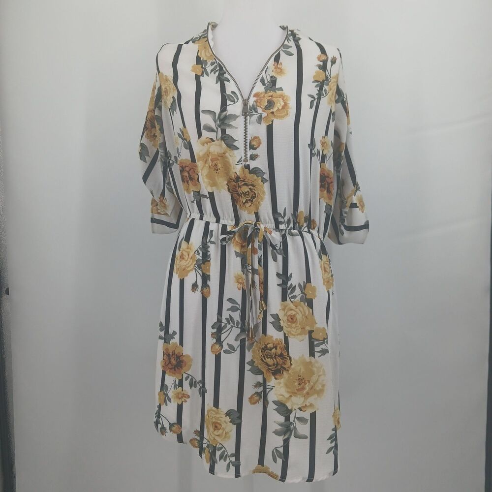 womans J for Justify black white Striped Floral Maxi Dress Yellow rose Size L